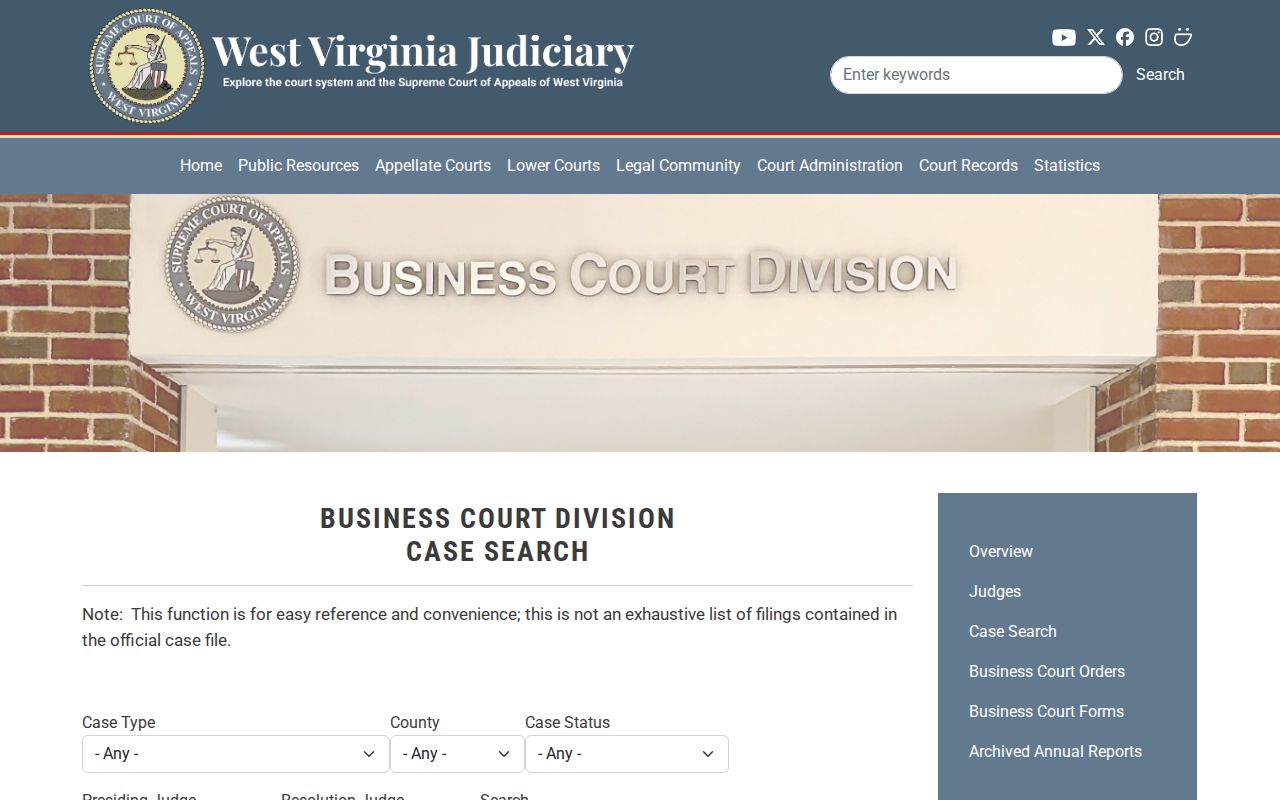 Tucker County civil docket Business Court search fields